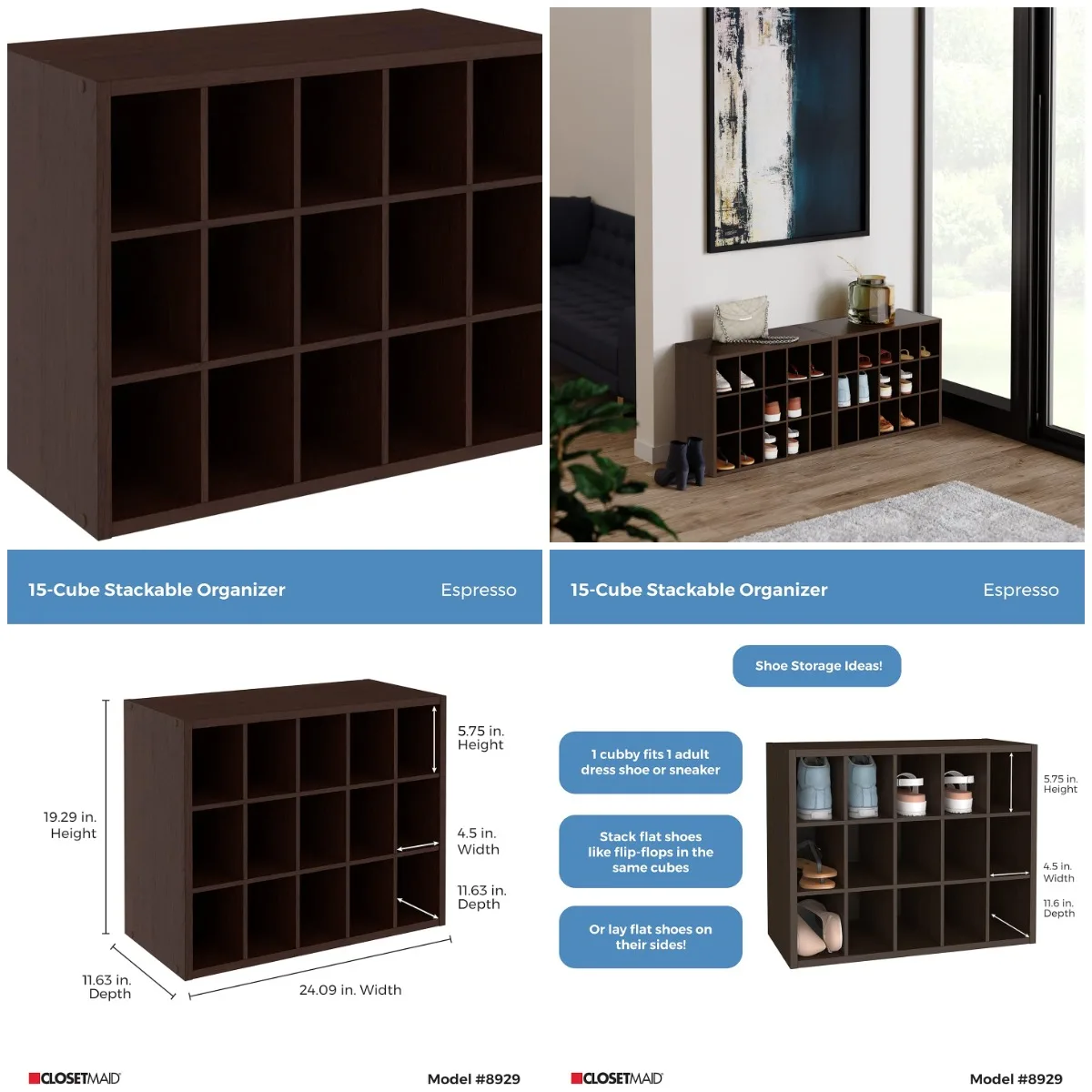 

15 Cube Stackable Storage Organizer with Wood Shelves for Shoes, Bags, Crafts – Espresso
