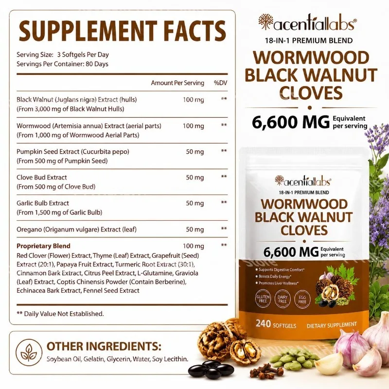 Wormwood Black Walnut Cloves Softgels with 6,600 Mg Equivalent Digestive Comfort and Immune Support for Men Women 240 Softgels