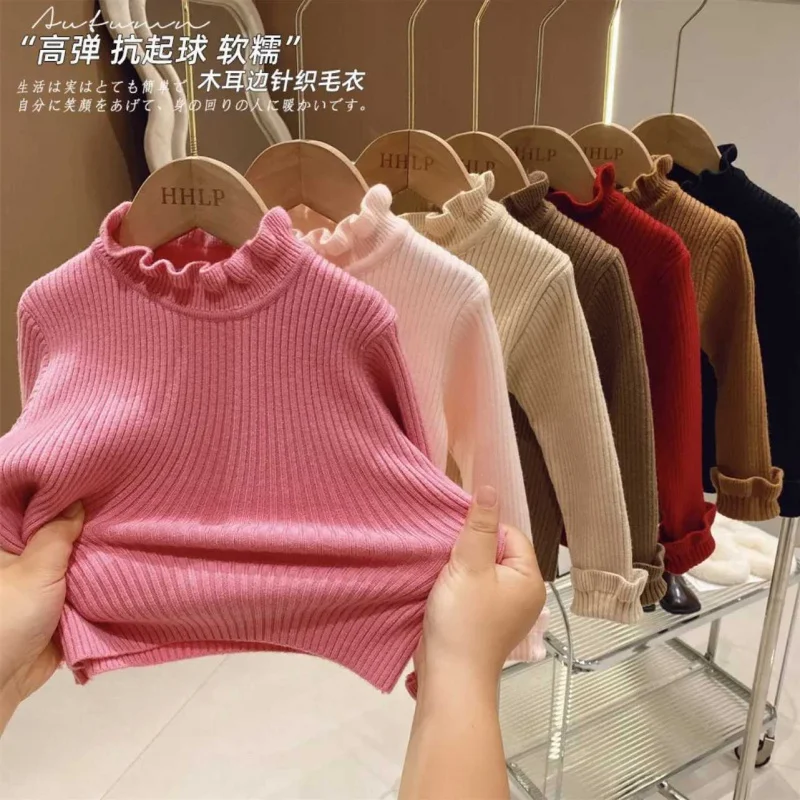 Girls' Bottoming Sweater Spring and Autumn New Baby Sweater Western Style Wooden Ear Mid Collar Children's Top