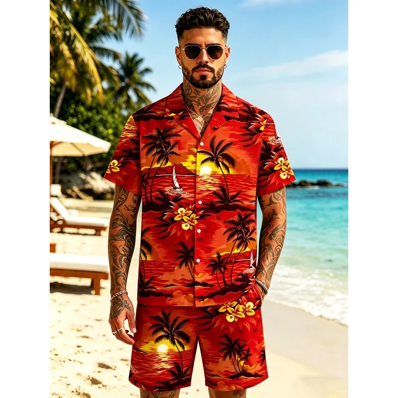 Conjunto de dos piezas de camisa y pantalones cortos hawaianos para hombre, estampado tropical de palmeras, traje de vacaciones de poliéster ligero y transpirable