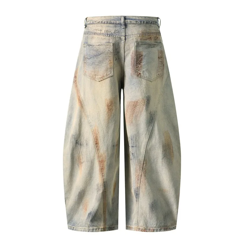 KIDWHXR Man Trousers American Retro Washed Distressed Pocket Male Denim Pant Streetwear Loose Casual Men Straight-leg Pant