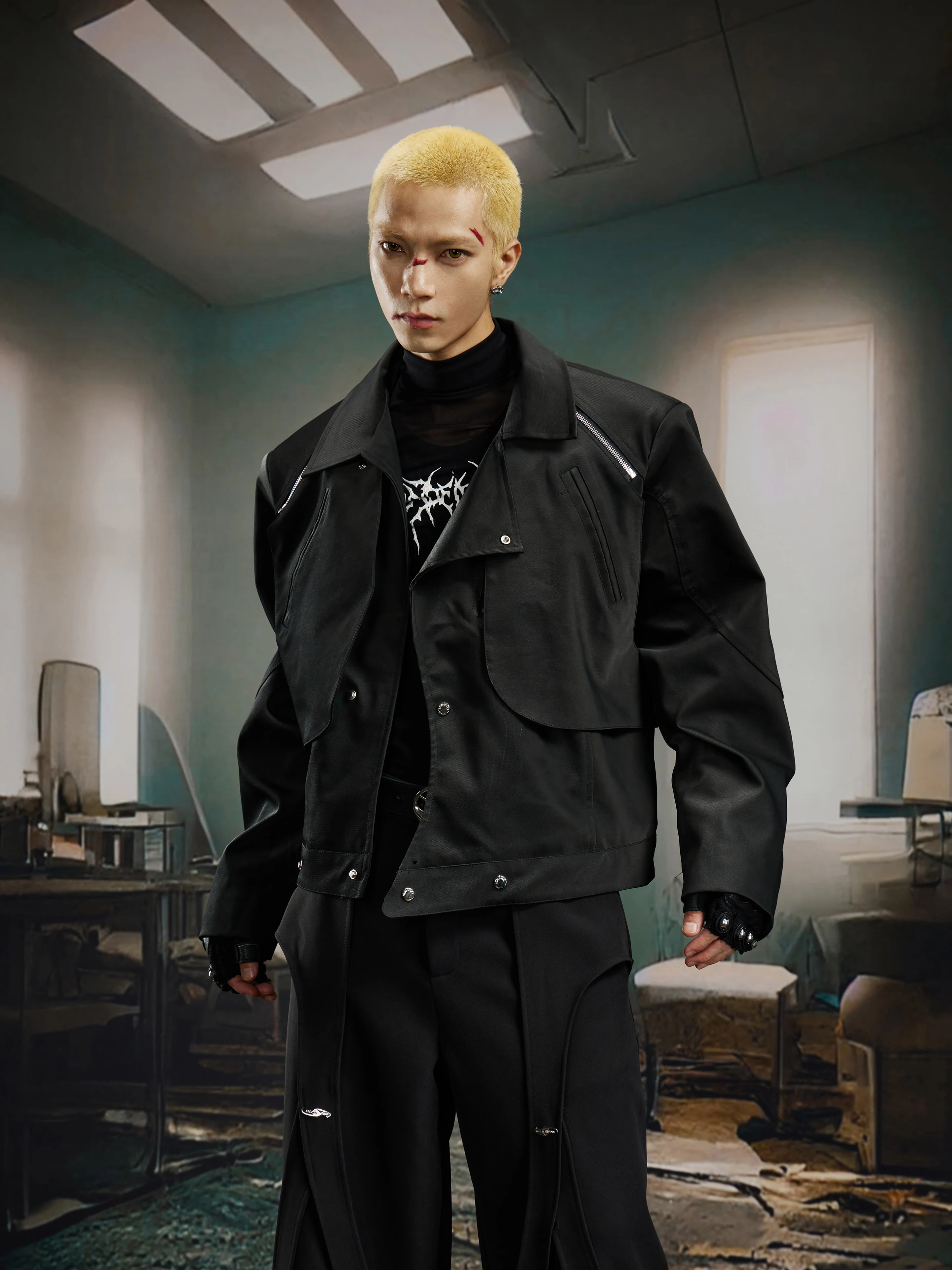 Niche Design Deconstruction Stitching Detachable Flying Short Padded Shoulder Leather Jacket Puffer