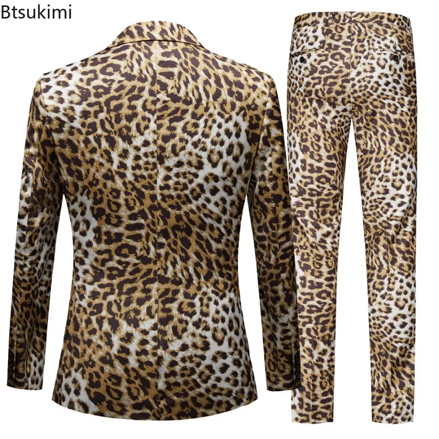 2024 New Leopard Print Suit Sets Men's Fashion Slim Fit  Singer Stage Costumes Two Pieces Nightclub Party Men Clothing Oversized