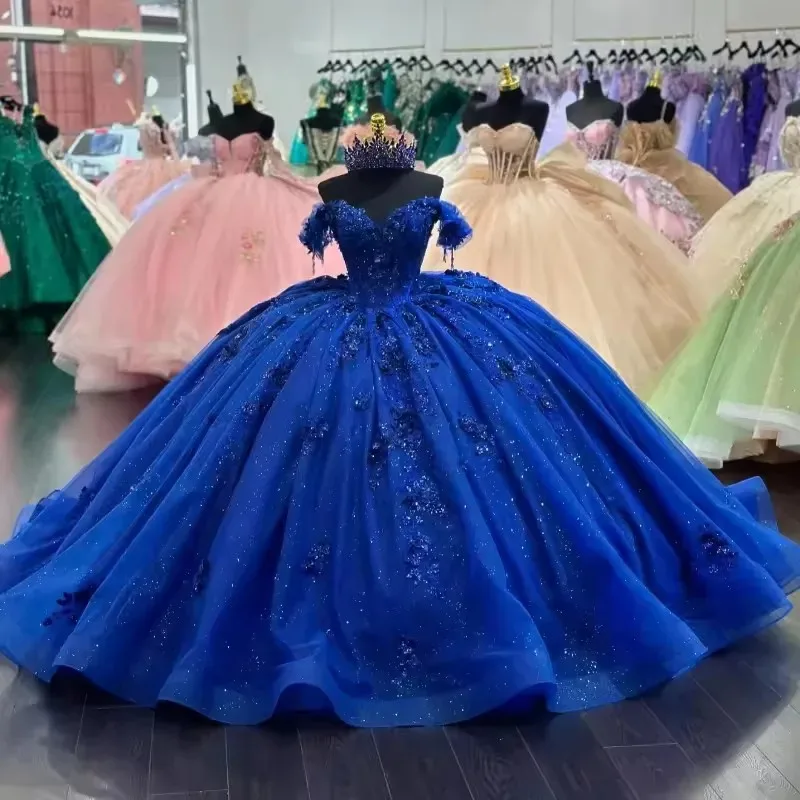 فساتين Quinceanera باللون الأزرق الملكي الفاخرة مطرز بالخرز من الدانتيل عاري الكتفين لحفلات أعياد الميلاد فيستدوس دي 15 أنوس #1