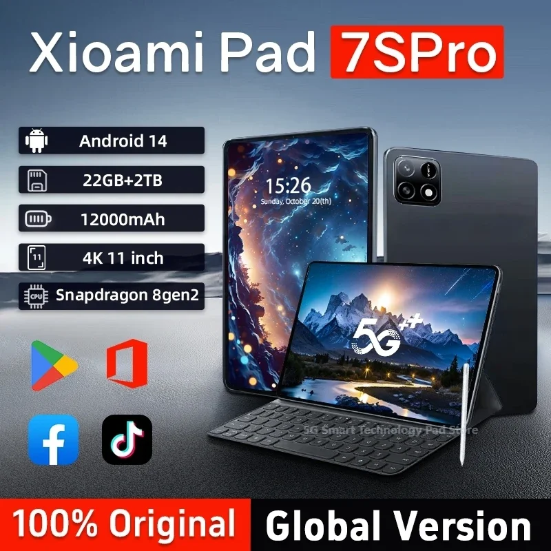 Tablet PC Pad 7S Pro New Original Global Edition, Snapdragon 8gen2 Android 14 HD 4K 22GB + 2TB 5G Tablet with Dual SIM WIFI