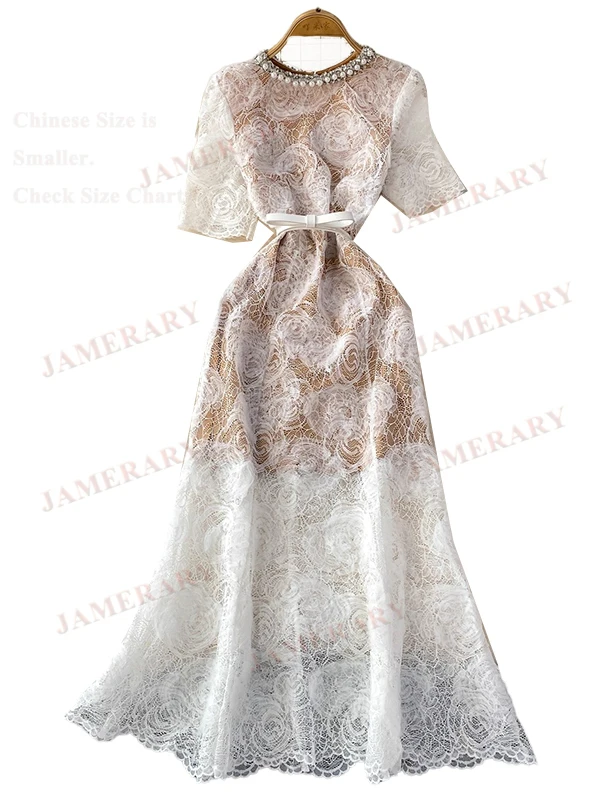 فستان سهرة رسمي فاخر صيفي كريستالي للنساء بأكمام قصيرة ورقبة لؤلؤية ثلاثية الأبعاد لحفلات العشاء من التل فساتين طويلة رداء من الدانتيل