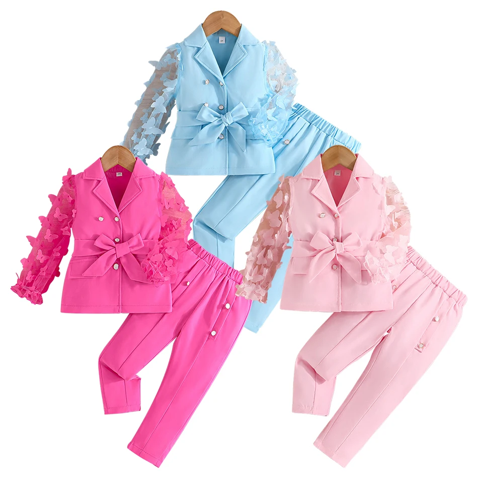 2024 New Elegant Fashion Collection Girls Long Sleeve Bow Tie Mesh Sleeved Suit Jacket and Pant Children Sets Seasonal Wardrobe