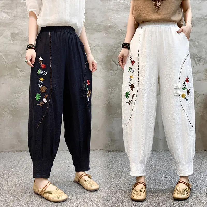 Sommer Ethnischen Stil Bestickt Frauen Baumwolle Leinen Laterne Hosen Lose Abnehmen Harem
