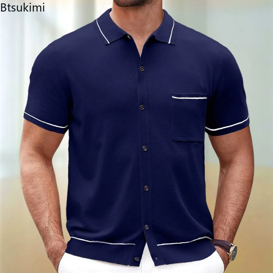 Men's Casual Solid Knit Polo Shirts Classic Short Sleeve Lapel Collared Button Down Shirts Vintage Golf Shirt with Pocket Tops