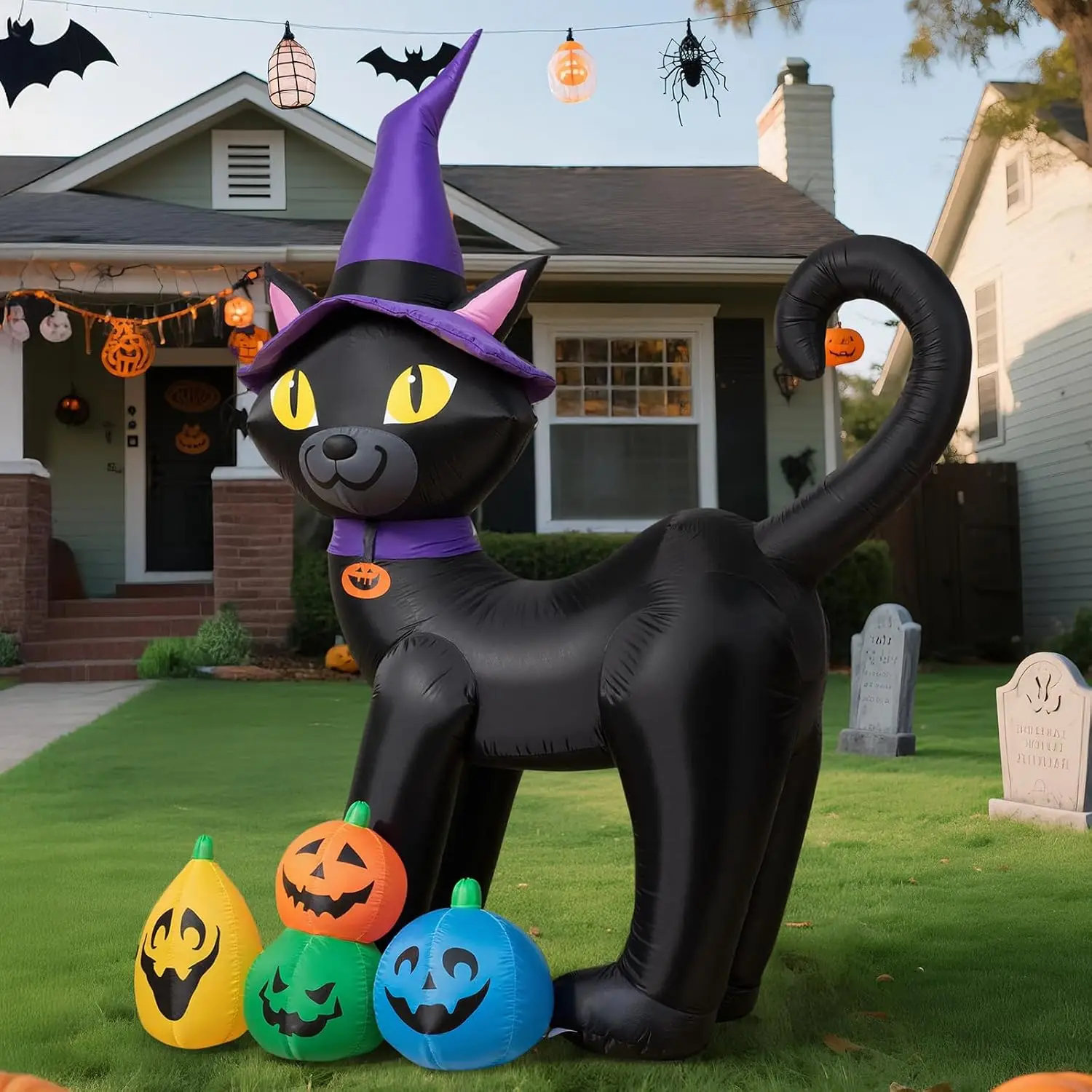 6FT Halloween Inflatable Black Cat with Witch Hat and 4 Colorful Pumpkins, Cute Blow Up Yard Decoration with LED Lights for Lawn