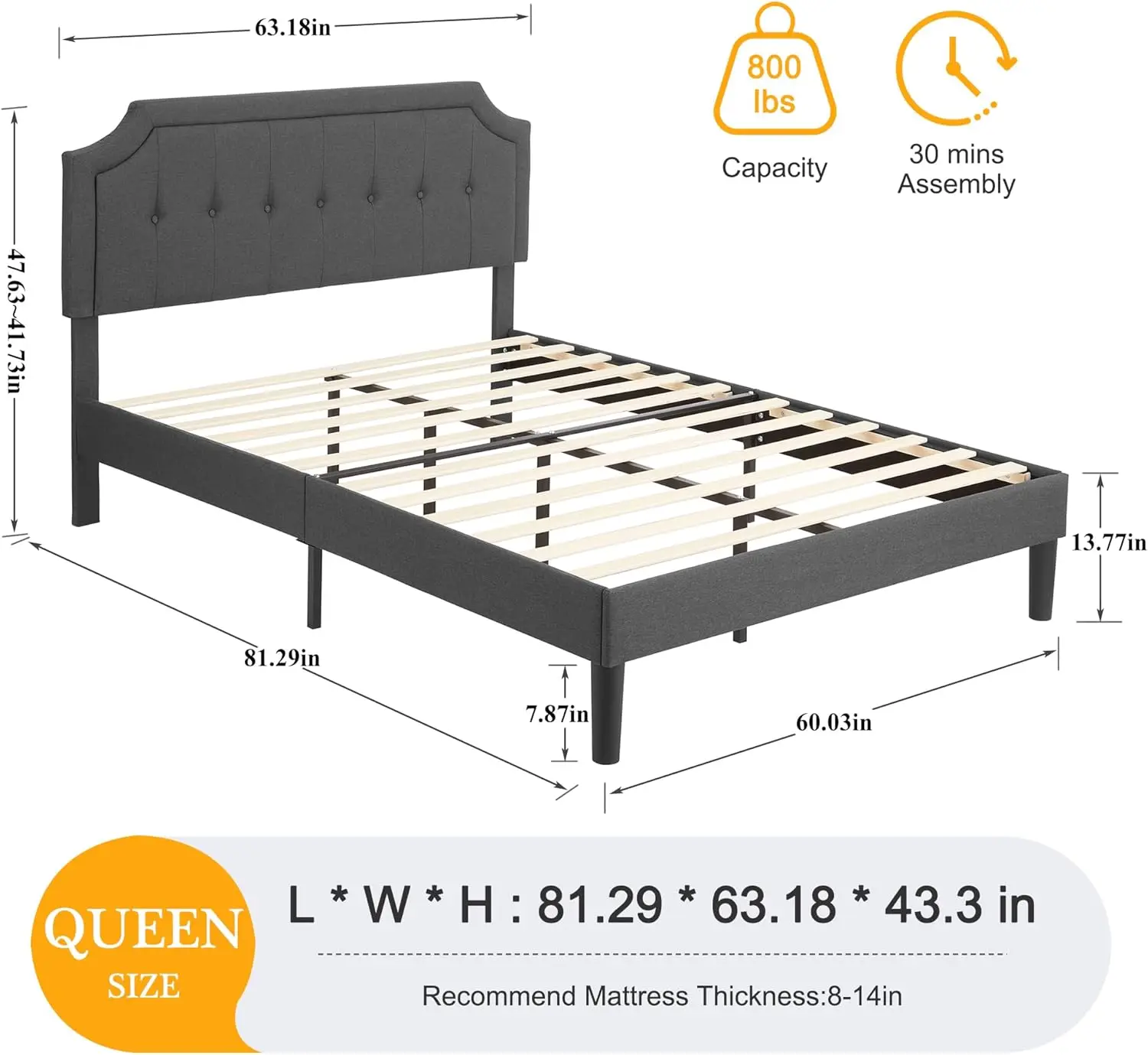 Queen Size Platform Bed Frame with Fabric Upholstered Headboard and Wooden Slats Support,No Box Spring Needed/Easy Assembly,Grey