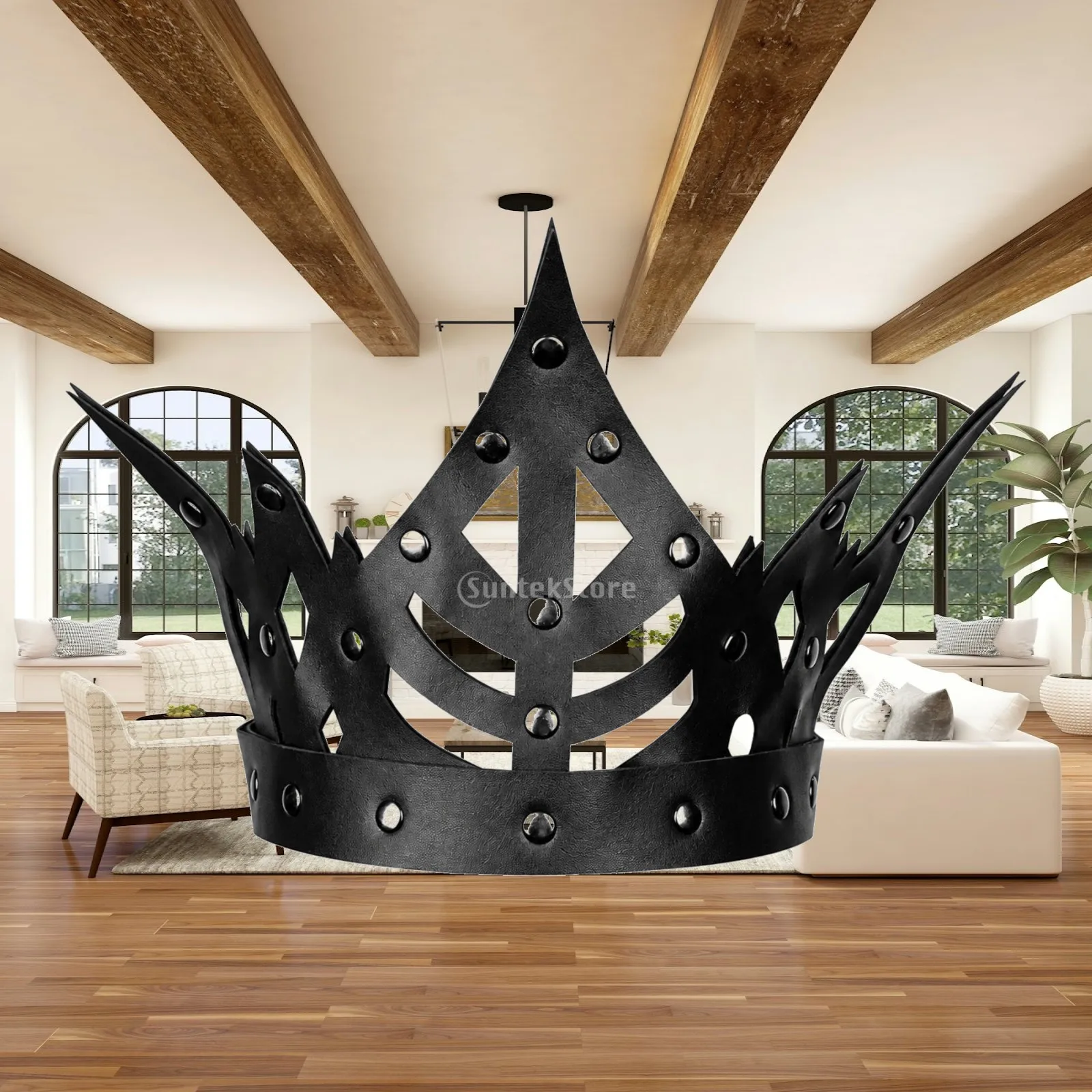 Punk Gothic Crown Headpiece for Adult Costume PU Leather Black Rivet Accent for Dance Party Nightlife Wear