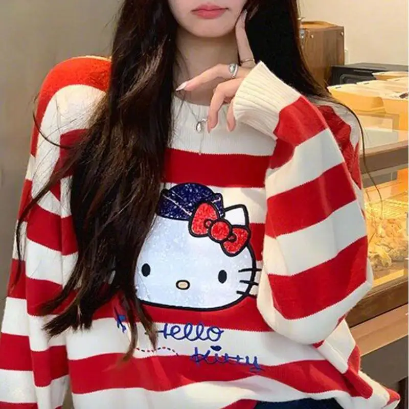 Kawaii Sanrio Contrasting Striped Sweater Hello Kitty Loose Pullover Sweatshirt Versatile Sweet Sweater for Casual Wear Inside