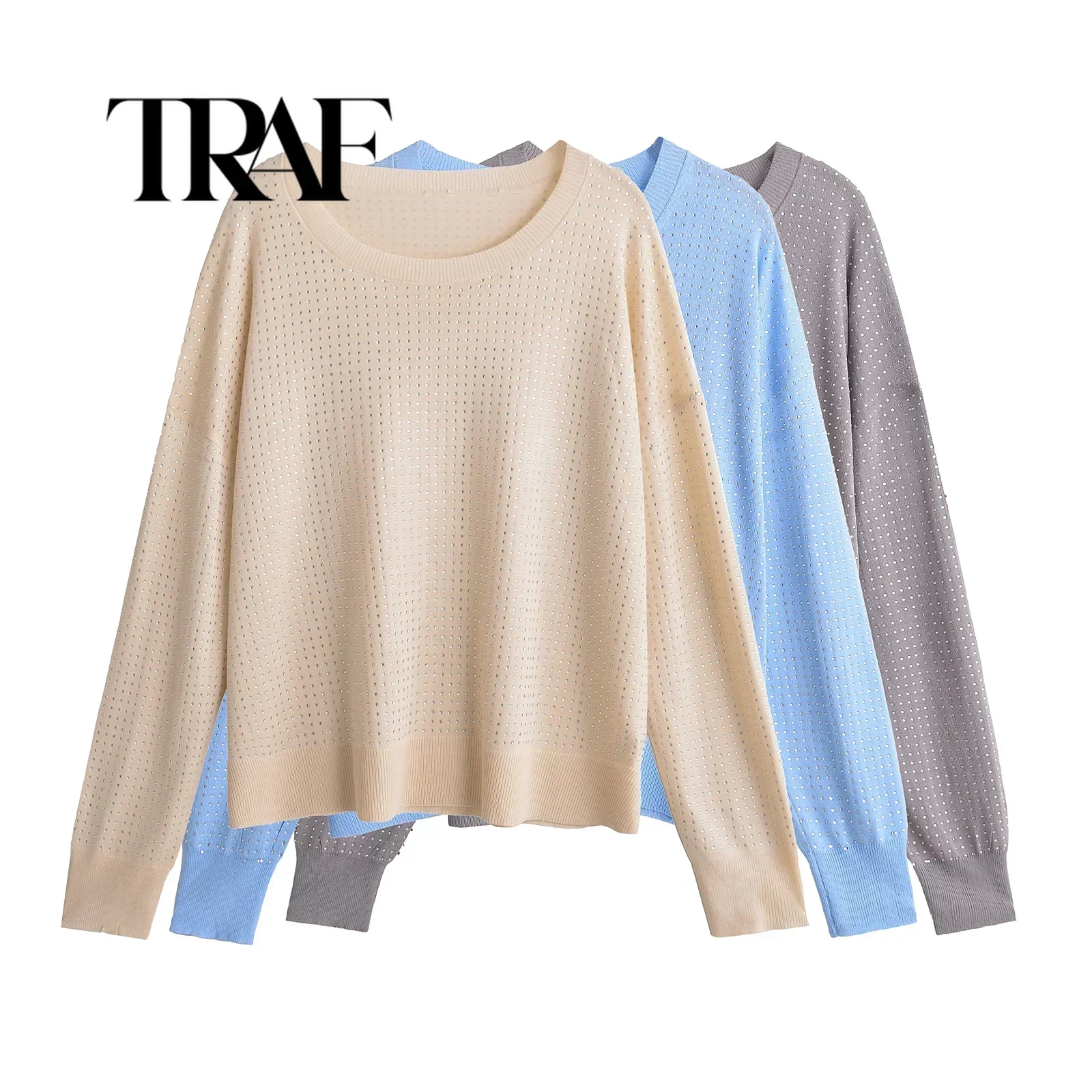 TRAF Elegant Sweaters For Women O Neck Casual Loose Knit Rhinestone Decoration Tops 2024 Autumn Winter Sweater Women 5090/20