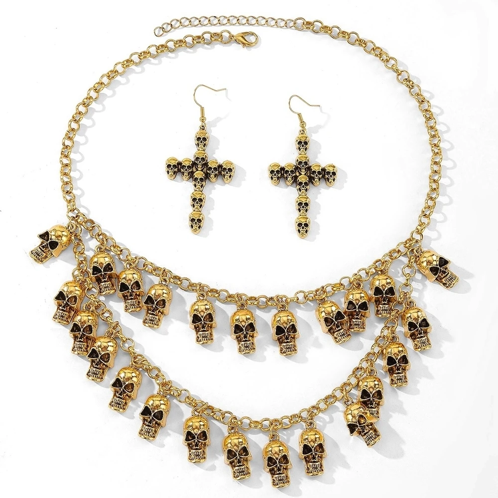 مجموعة مجوهرات الهالوين القوطية الشرير خمر طبقة مزدوجة سبيكة الجمجمة شرابة قلادة وأقراط النساء اكسسوارات الحفلات #6
