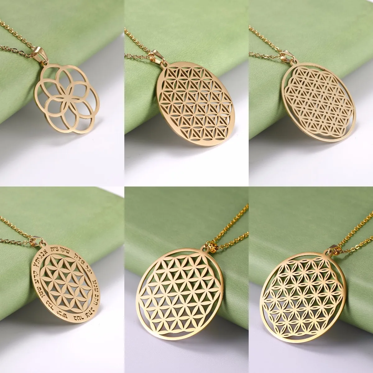 LIKGREAT Zawieszka z kwiatem życia naszyjnik dla kobiet Mandala czakra pusta stal nierdzewna piękna biżuteria geometria prezent Amulet