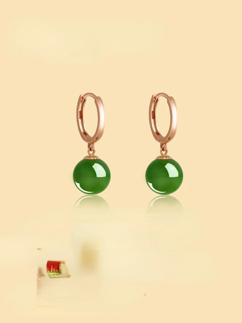 Natural Hetian jade jasper circle earrings 18K rose gold earrings gold ear buckles