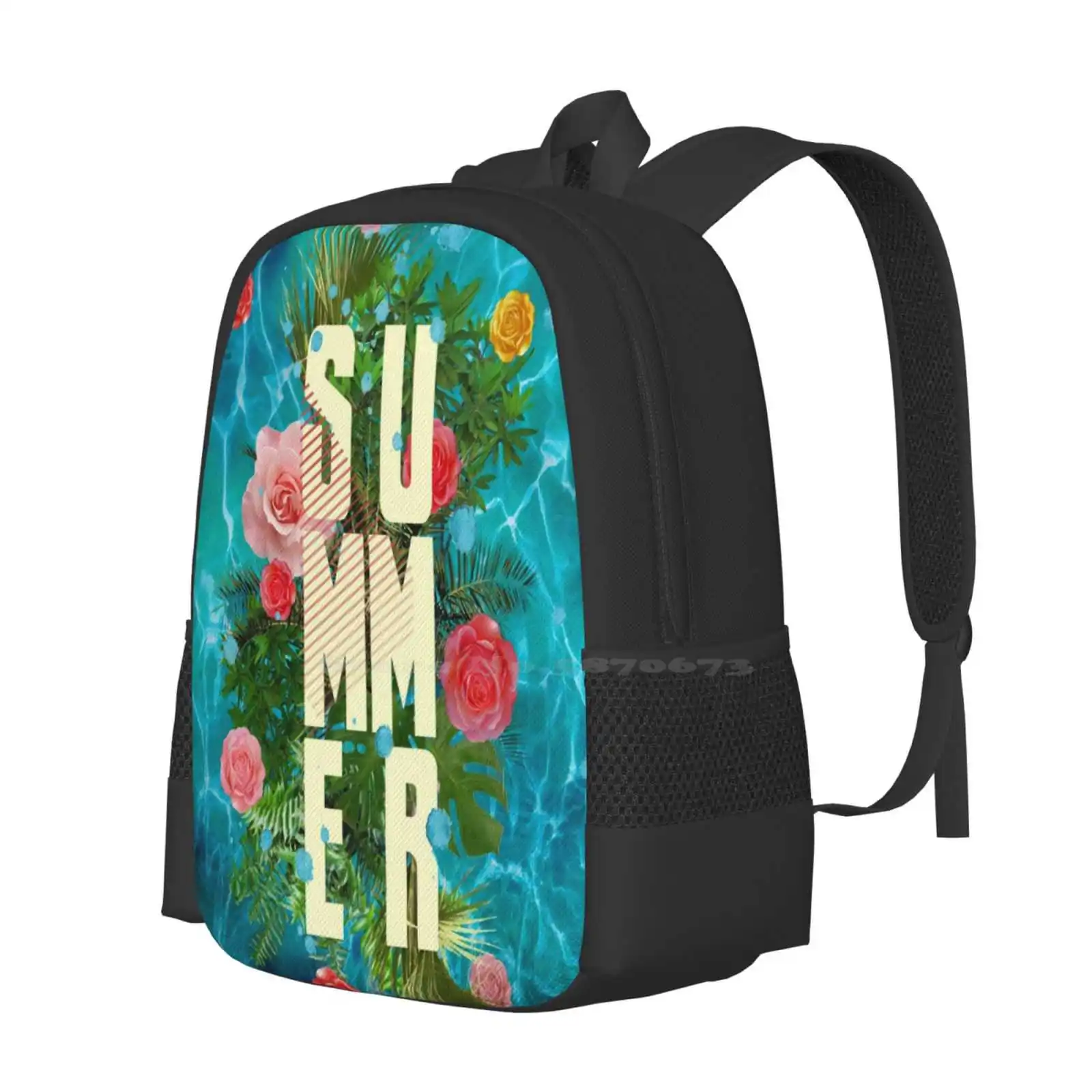 Summer Collage With Flowers And Palm Trees Pattern Design Laptop Travel School Bags Summer Poetic Words Text Sea Water Pool