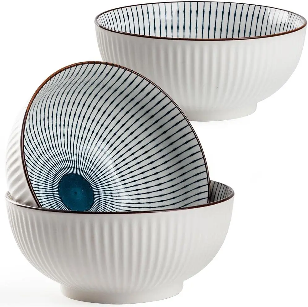 

60 oz Large Soup Bowl, Pho Bowls, Japanese Ramen Bowl Set, Big Porcelain Bowls Set of 3, 8 inches, Stripe Pattern