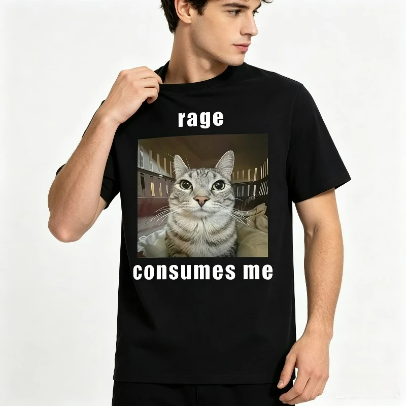Oversized Men Meme Cat Rage Consumes Me Graphic T-Shirt Tee For Outdoor Camping Fishing Tarot SUP Street Daily Top
