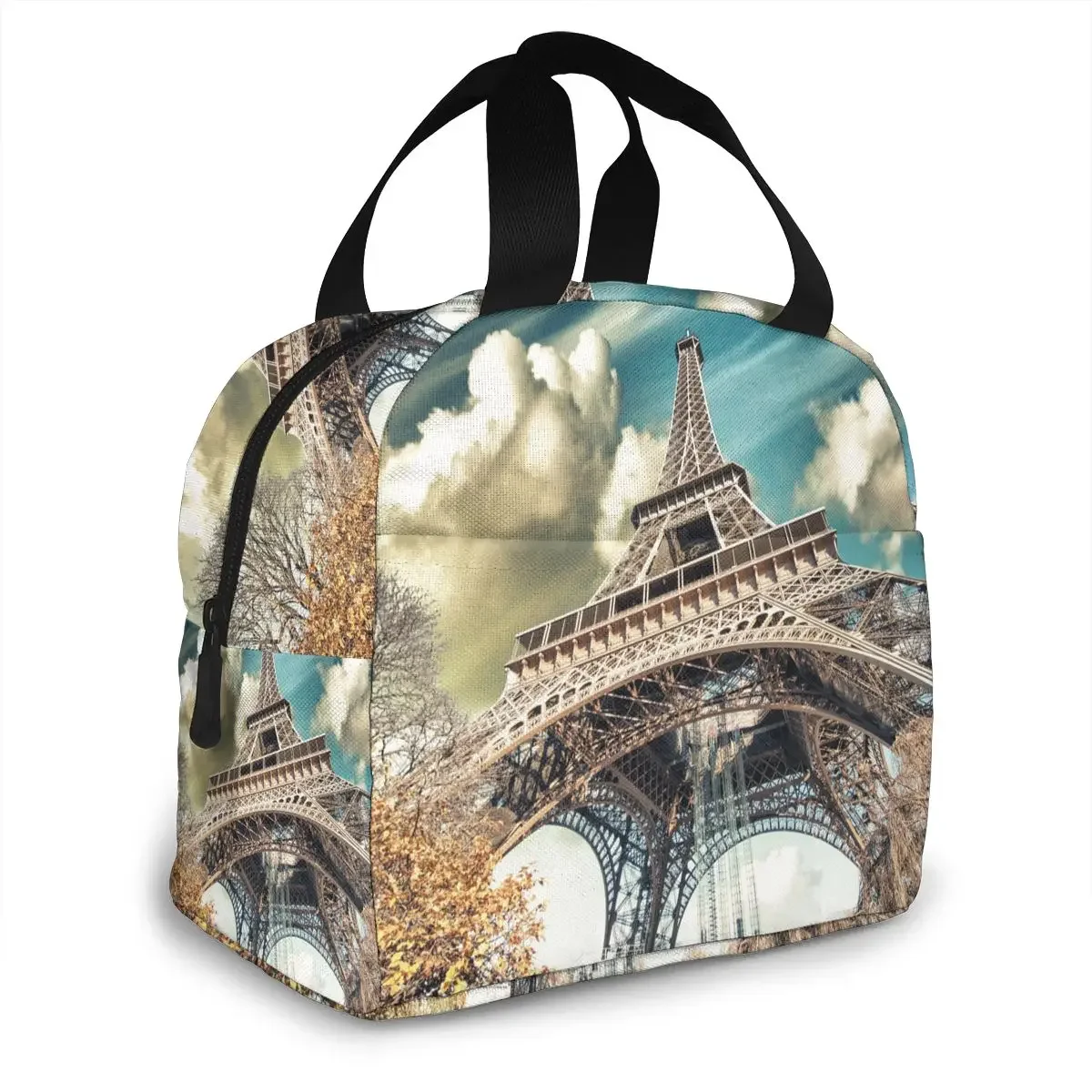 Wonderful Street View Of Paris Eiffel Tower Vegetation Cooler Bag Portable Zipper Thermal Lunch Bag Convenient Box Tote Food Bag