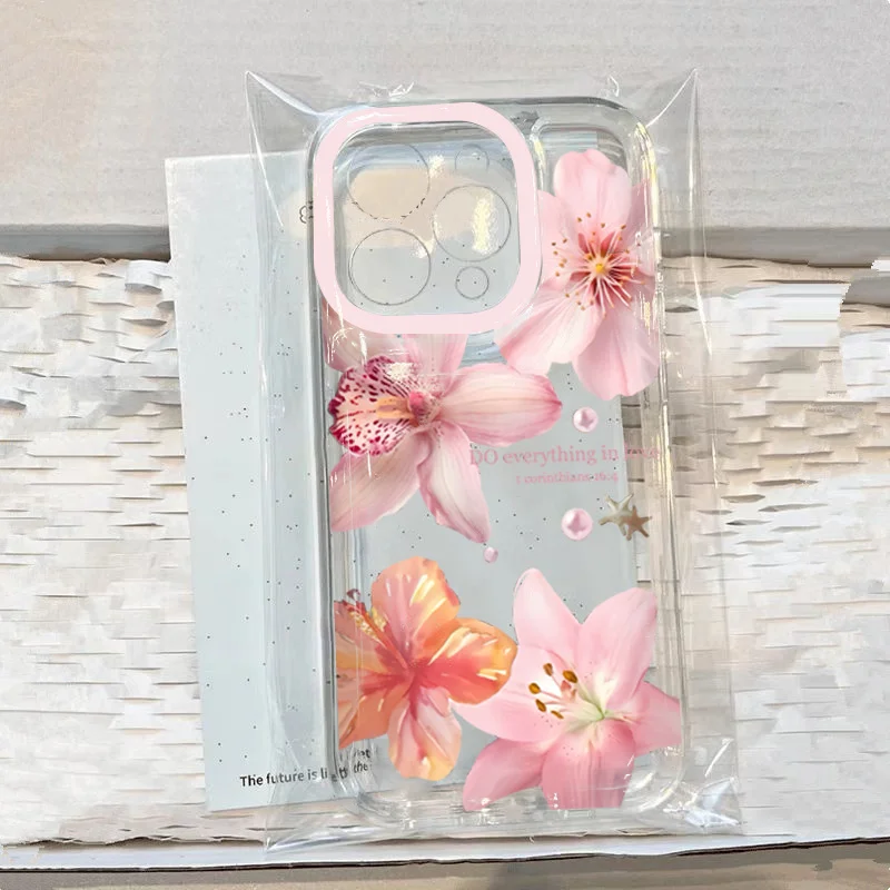Pink Lily Flower Pattern Phone Case For iPhone 16 17 16e 15 14 13 12 11 Pro Max Max 7 8 Plus SE X XR XS Transparent Soft Cover