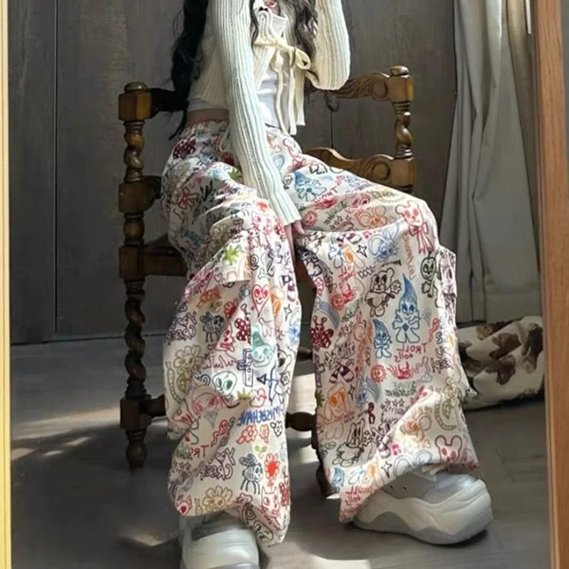 American color retro casual pants hand-painted graffiti overalls women's autumn new high waist loose wide leg casual pants