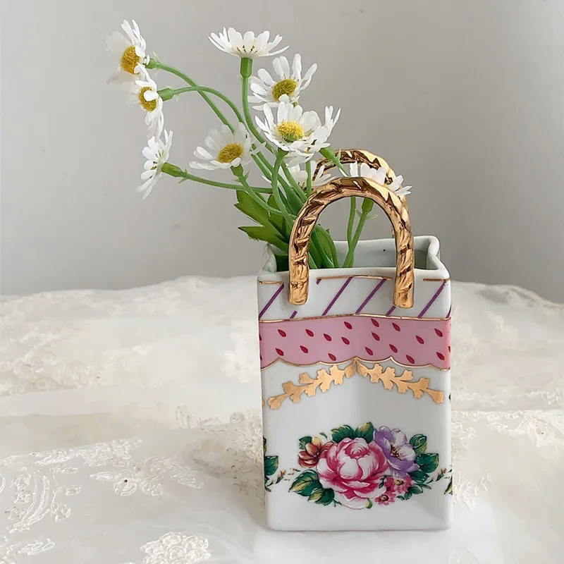 American Retro Palace Style Flower Handbag Modeling Gold Painting Desktop Fork Spoon Storage Small Flower Basket Vase