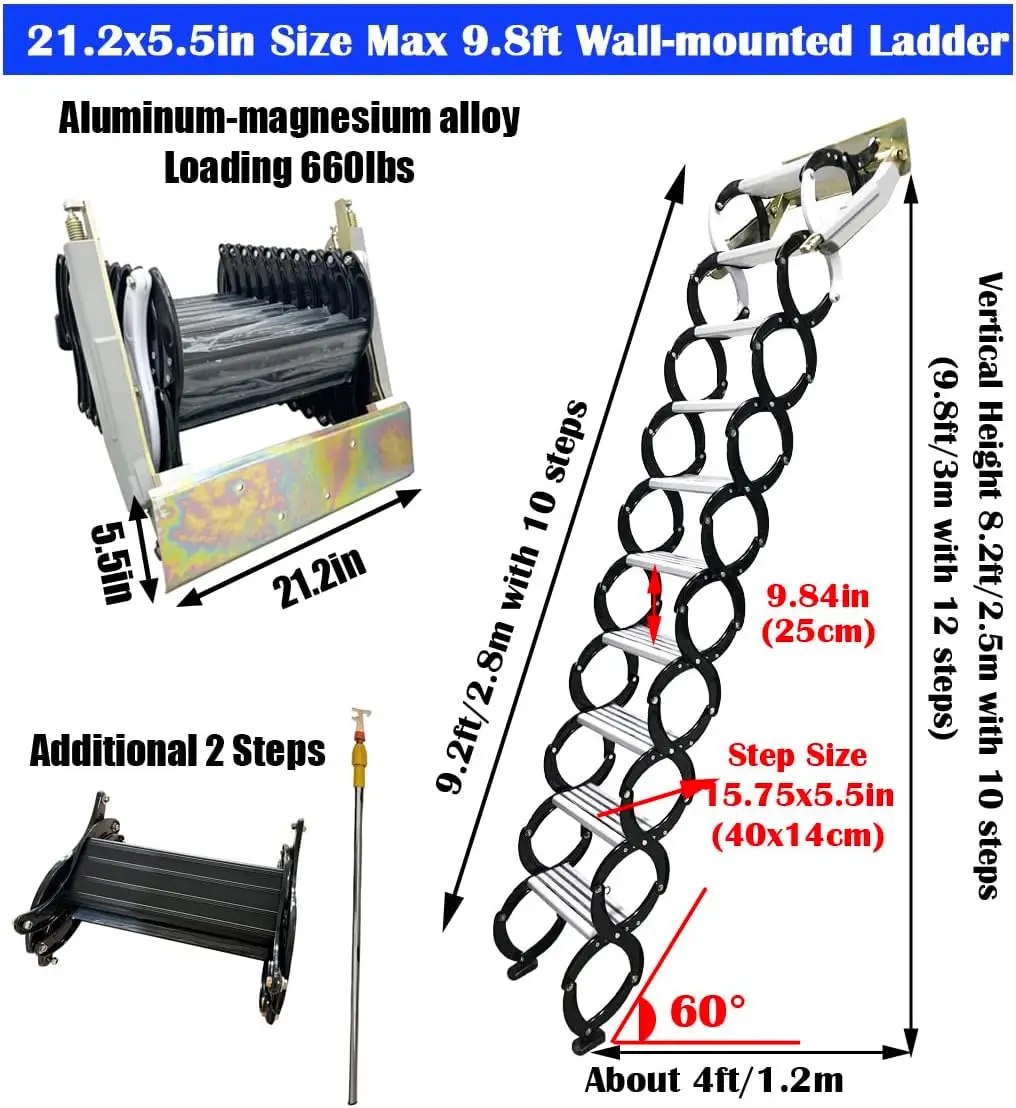 Schody z drabinką na poddaszu, montowana na ścianie drabina na poddaszu, składane schody na poddaszu ze stopu Al-Mg, teleskopowy poddasze ścienne 21,2 x 5,5 cala