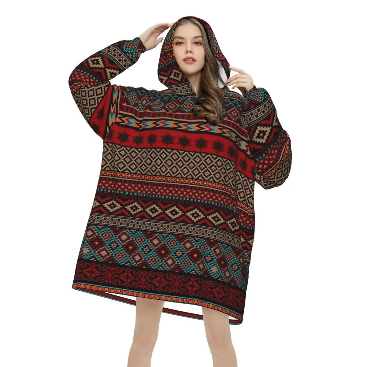 Oversized Southwestern Aztec Tribal Wearable Blanket Winter  Ultrasoft Plush Warm Sweatshirt Blankets With Pocket