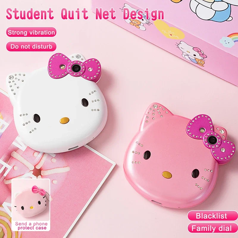 2024Hot miniso Hello Kitty Kawaii Mini Flip Phone I68 Girl Mobile Phone Student Anime Music Mobile Phone Kid Birthday Gift