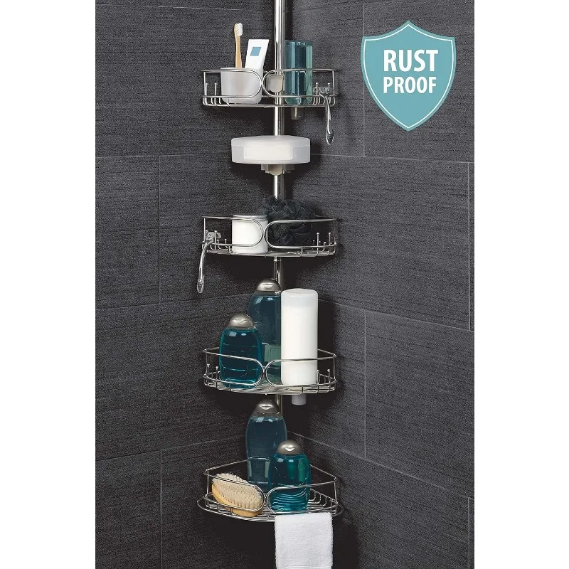 Rustproof Tension Pole Shower Caddy, Corner Caddy with 4 Bathroom Storage Shelves and Soap Dish, Adjusts from 60 to 108 Inches