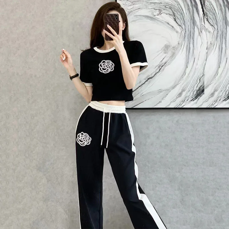 Women Casual Tracksuit Short Sleeve T-shirts+Wide Leg Pants 2Pcs Sets Chic Streetwear Loose 2024 Summer Ladies Fashion Outfits