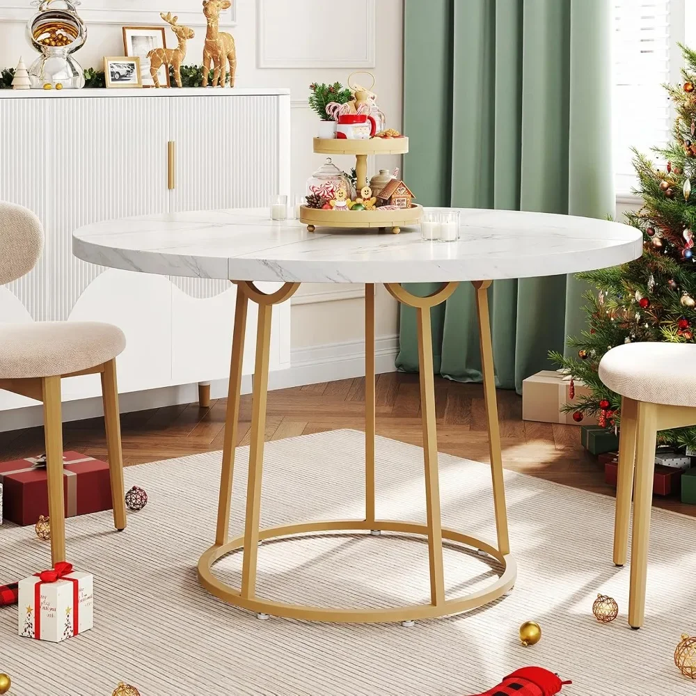 

Round Dining Table, for 4-6 People, Wooden Faux Marble Dinner Room Table with Gold Base,for Home Dining Room Kitchen Restaurant