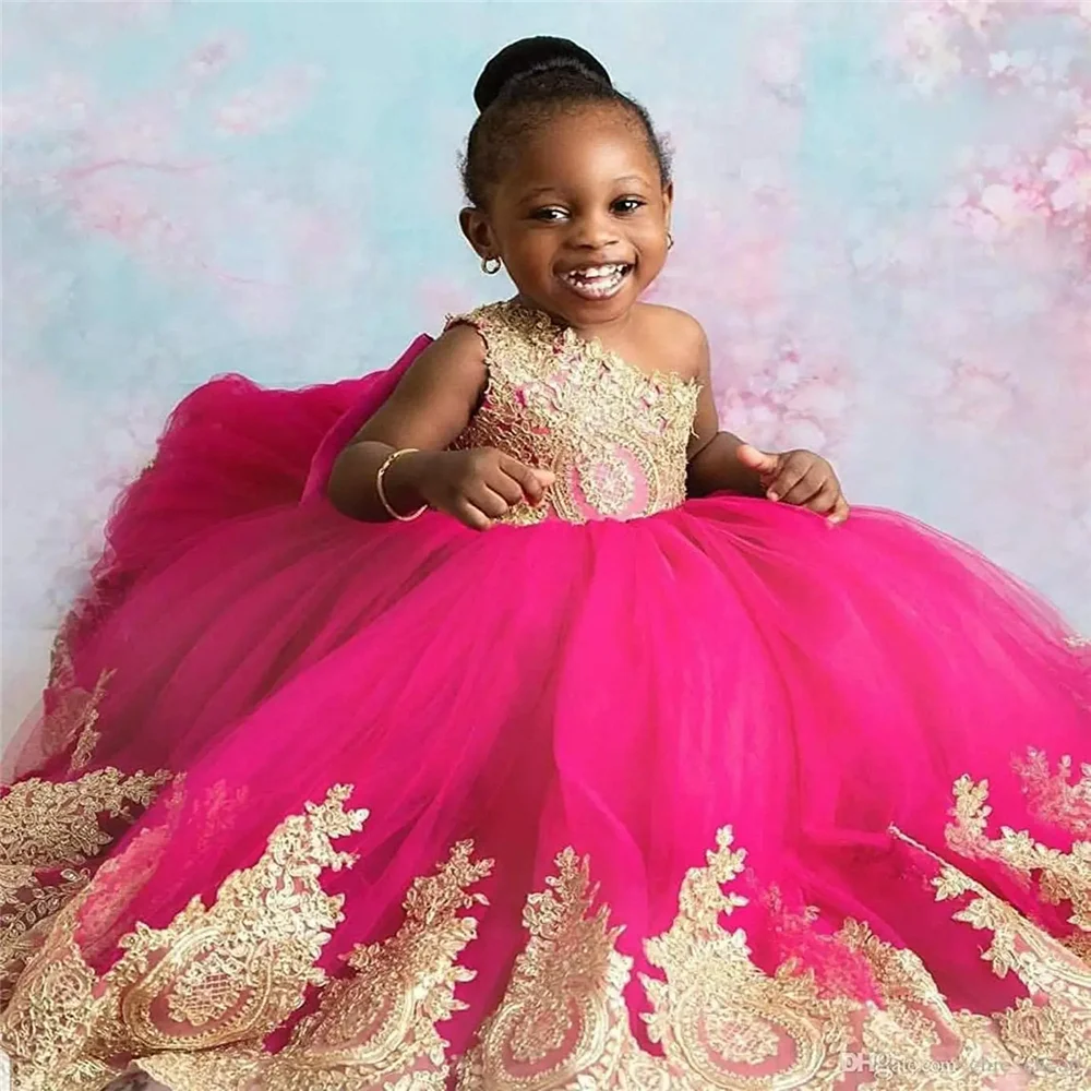 Flower Girl Dress One Shoulder With Gold Lace African Pageant Dresses Knot Bow Tulle Kids Birthday Party First Communion Gowns