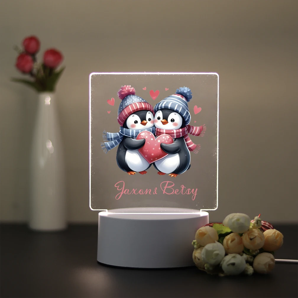 

1 pc Penguin couple daily life UV Print Customized Name 3D Visual Night Light Color Changing Lamp Bedroom Decor