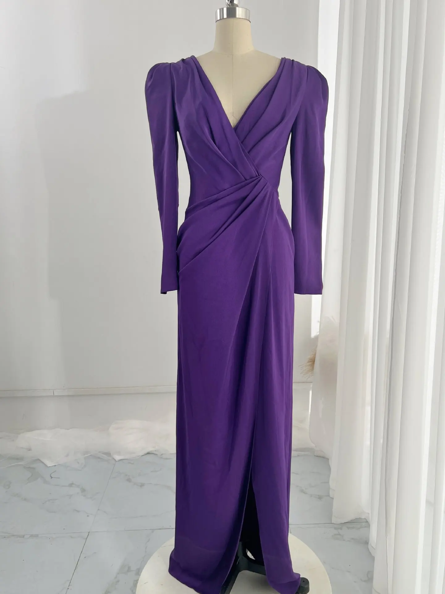 Purple Sexy Deep V -Neck Long Sleeve Waist Slimming Performance Evening Dress Skirt M1943