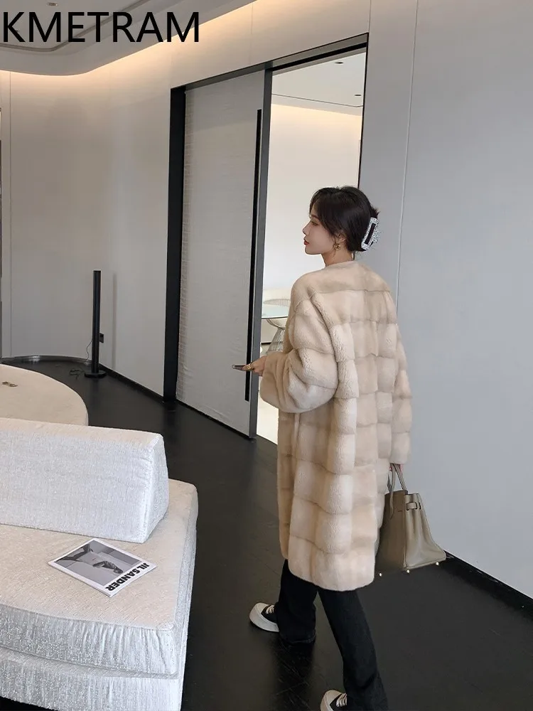 100% Mink Fur Coatผู้หญิงหรูหรากลางความยาวขนสัตว์จริงคุณภาพสูงฤดูหนาวเสื้อผ้าผู้หญิงFurryแจ็คเก็ต 2025ба