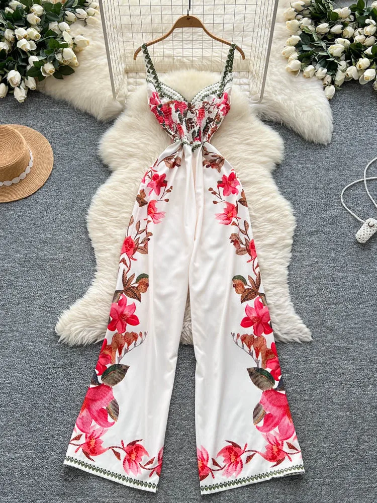 

Sli Floral Print One-Piece Pants for Women Summer New Beach Vaion Casual Beach Long Pants High Waist Straight Leg