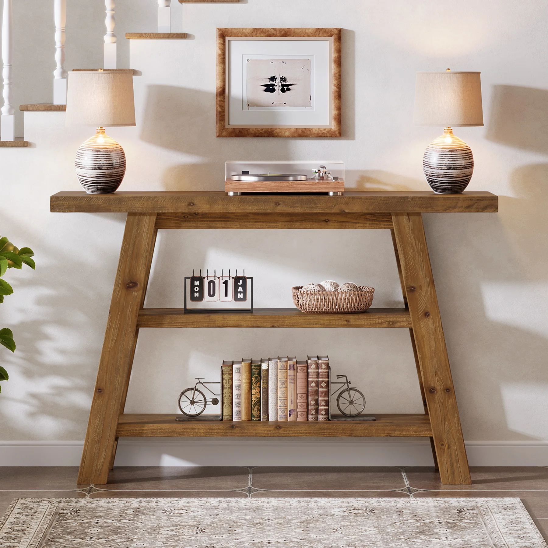 Solid Wood Console Table, 47.24" Farmhouse Narrow Entryway Table with 3-Tier Storage Shelves, Accent Sofa Table for Hallway, Foyer & Living Room (Retro Brown) view 2