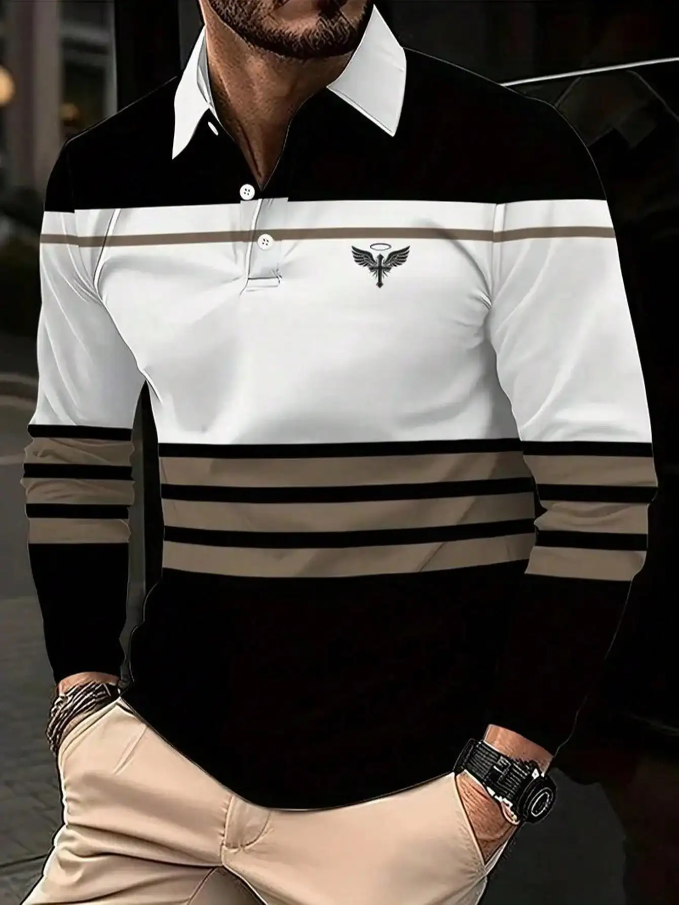 

Men's Long Sleeve Contrast Stripe Polo Shirt with Winged Emblem Design