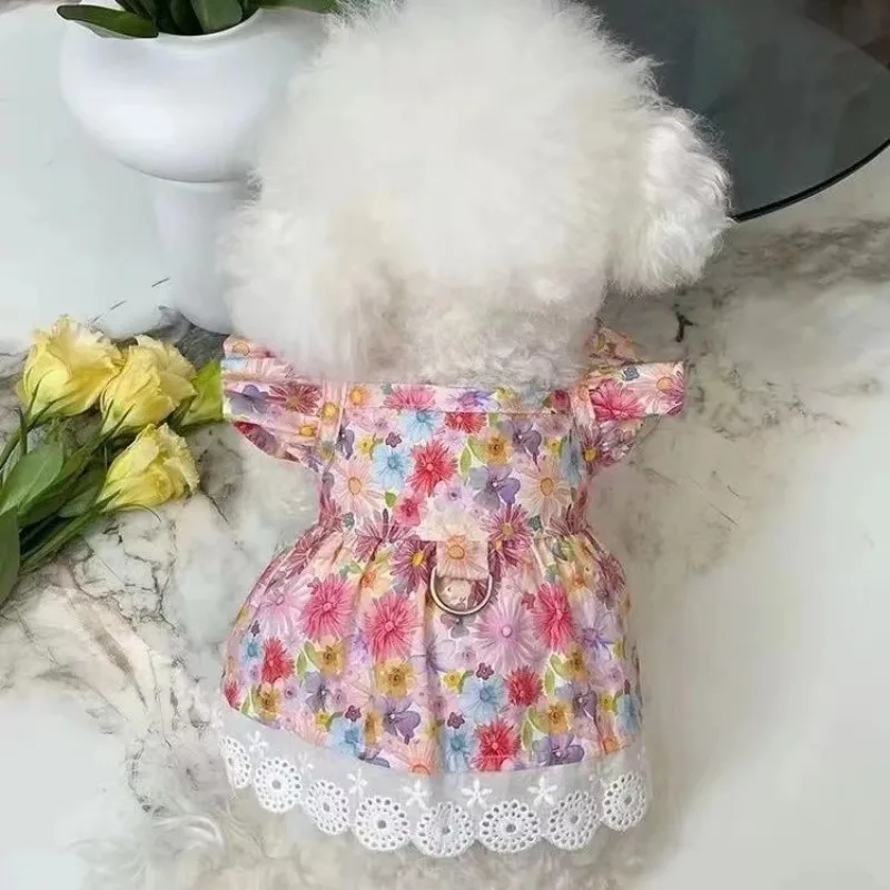 

Pet Dog Clothes Spring and Summer Floral Red Plaid Bow Puppy Princess Skirt Teddy Dog Dresses Cat Thin Lace Dog Suspender Skirt