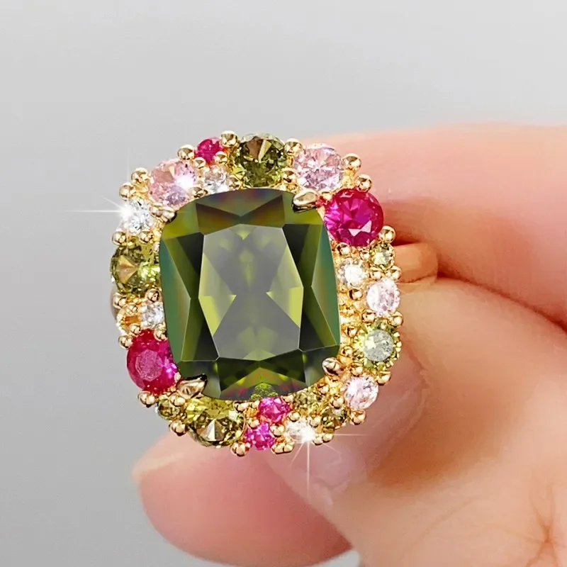 2024 Newly Colorful Green Cubic Zirconia Rings for Women Special-interested Wedding Party Gorgeous Accessories Female Jewelry