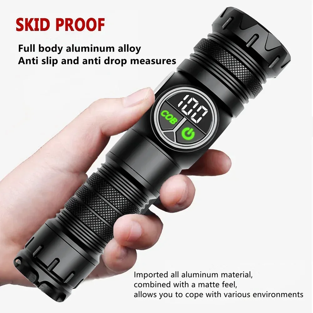 9 Modes USB Rechargeable LED Flashlight Torch with COB Side Light Screen Digital Display Tail Magnet Long Distance Flashlight