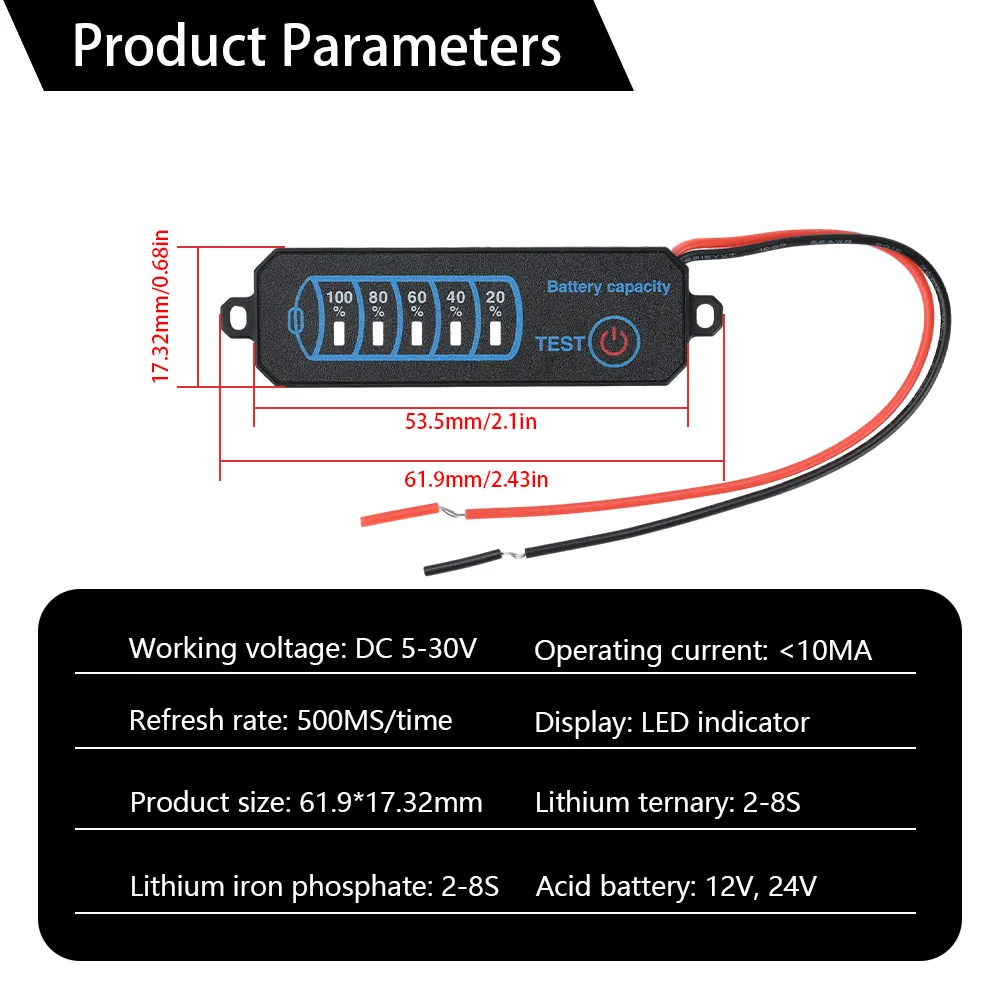 DC 5-30V LED Battery Power Indicator Lithium/Iron/Lithium/Acid Battery Capacity Voltage Tester Power Percentage Module Board