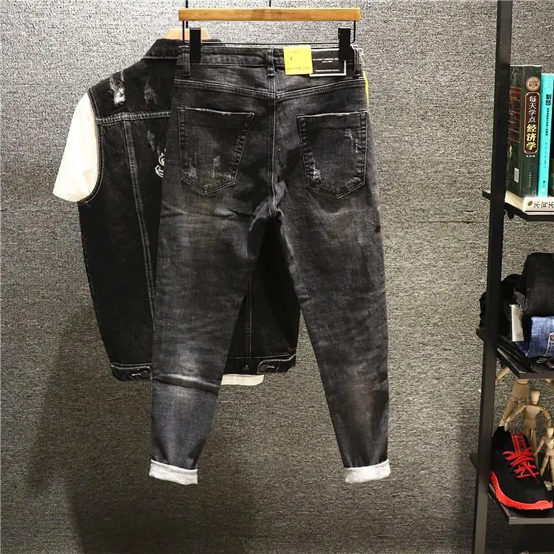 Pantalones vaqueros con gráfico negro para hombre, pantalón vaquero con agujeros rotos, estampado rasgado, Grunge, Y2k, Harajuku, verano, elásticos,