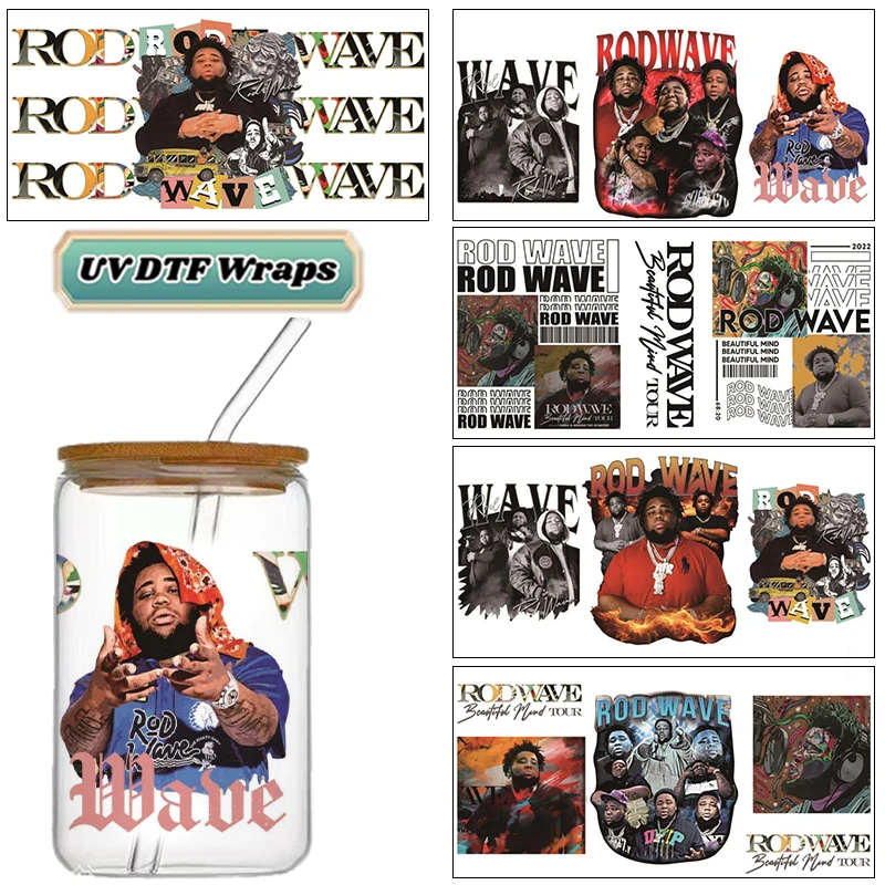 Hip Hop Rap Singer Rod Wave UV DTF Wraps, Music Fan Collage Stickers for 16oz Glass Cans, Waterproof DIY Transfer Decals