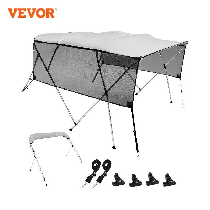 

VEVOR 4 Bow Bimini Top Boat Cover Detachable Mesh Sidewalls Aluminum Alloy Frame Includes Storage Boot 2 Support Poles 2 Straps