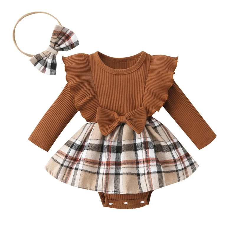 

Autumn Infant Girl Rompers Dress Plaid Rib Knit Ruffles Long Sleeve Jumpsuits Newborn Clothes Baby Bodysuits with Headband