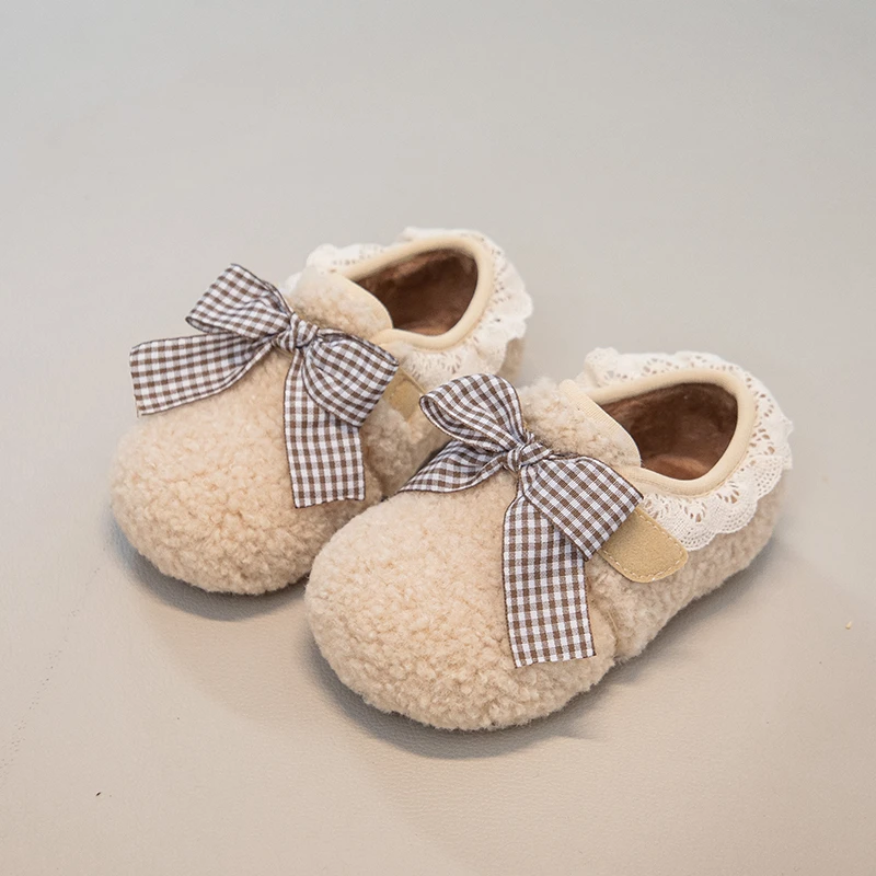 

Children Winter Shoes Girls Slip-on Warm Cotton Boots Fur Fluffy Baby Flats Kids Loafers Princess Sweet Anti-slippery Bowtie